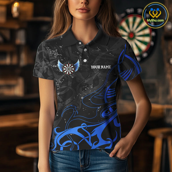 Black And Blue Custom Wings Darts Shirt For Women, Darts Jersey Pocket Option TDM3840