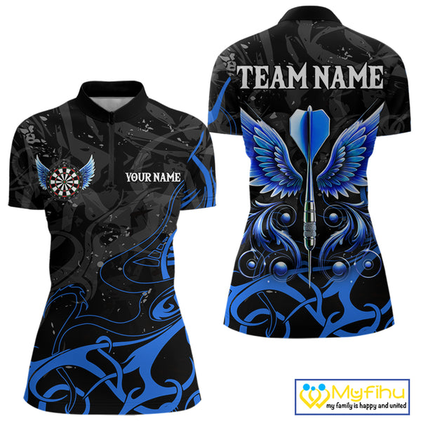 Black And Blue Custom Wings Darts Shirt For Women, Darts Jersey Pocket Option TDM3840