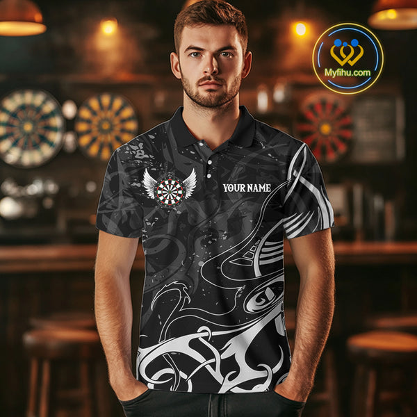 Grey And Black Custom Wings Darts Shirt For Men, Darts Jersey Pocket Option TDM3841