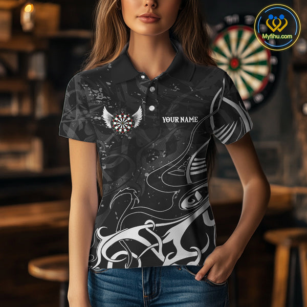 Grey And Black Custom Wings Darts Shirt For Women, Darts Jersey Pocket Option TDM3841