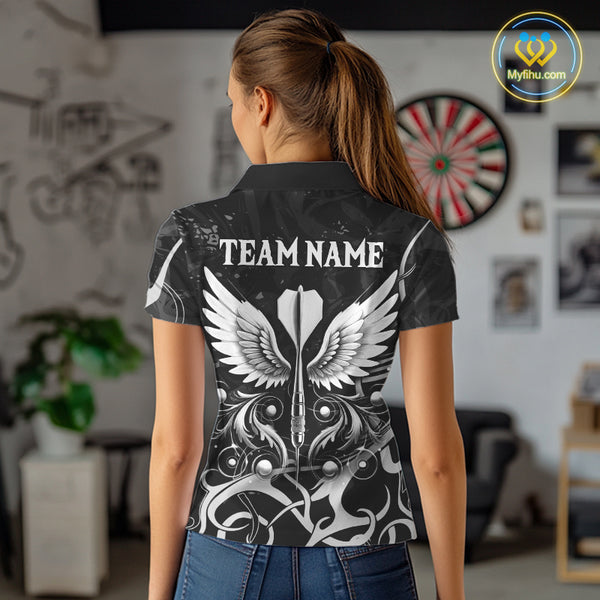 Grey And Black Custom Wings Darts Shirt For Women, Darts Jersey Pocket Option TDM3841