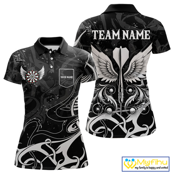Grey And Black Custom Wings Darts Shirt For Women, Darts Jersey Pocket Option TDM3841