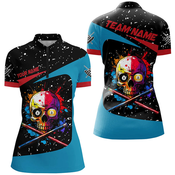 Personalized Colorful Skull 8 Ball 9 Ball Billiard Shirts For Women Custom Grunge Billiard Jerseys TDM2164