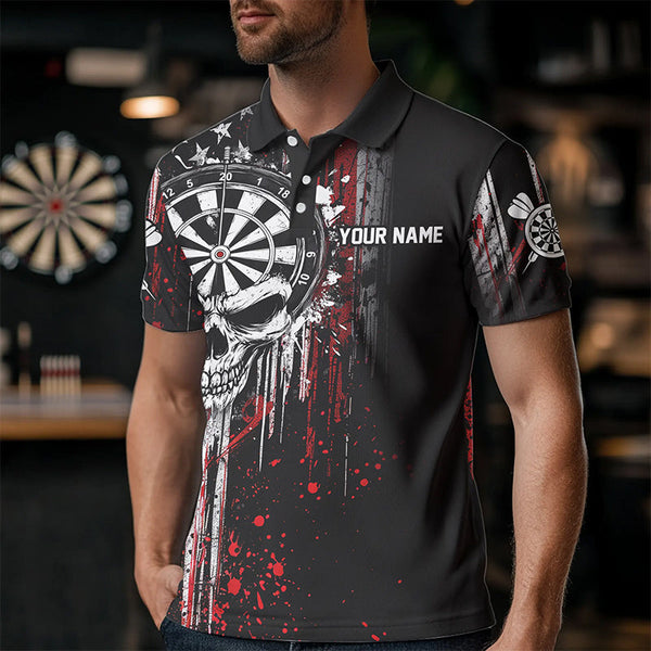 Retro American Flag Grunge Skull Darts Polo & Quarter Zip Custom Dart Shirts For Men Darts Jerseys TDM3383