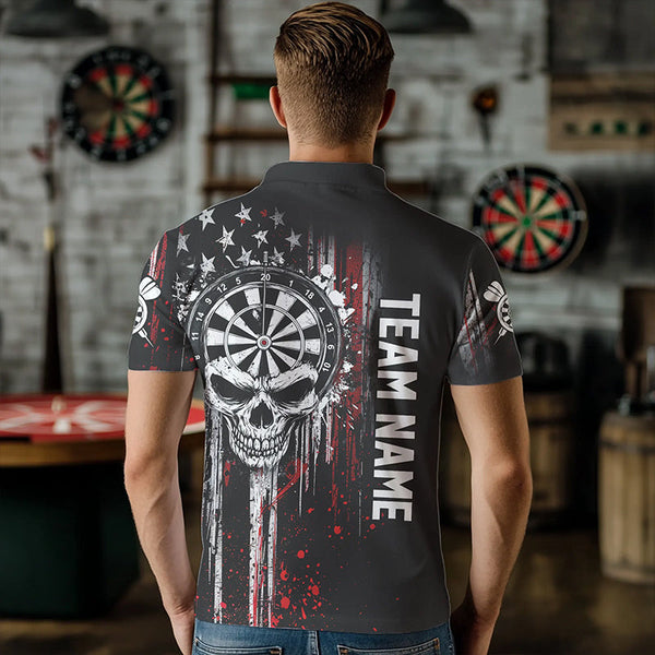 Retro American Flag Grunge Skull Darts Polo & Quarter Zip Custom Dart Shirts For Men Darts Jerseys TDM3383