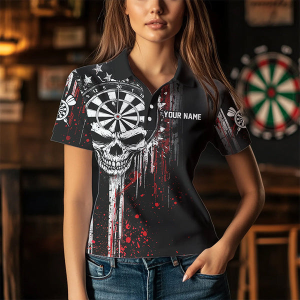 Retro American Flag Grunge Skull Darts Polo & Quarter Zip Custom Dart Shirts For Women Darts Jerseys TDM3383