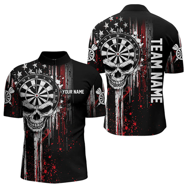 Retro American Flag Grunge Skull Darts Polo & Quarter Zip Custom Dart Shirts For Men Darts Jerseys TDM3383