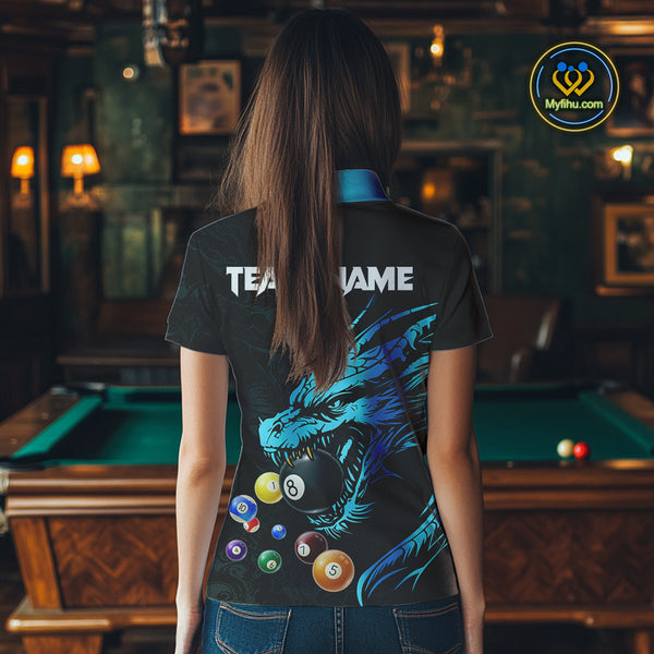 Personalized Black And Blue Dragon Billiard Balls Pool Shirts For Women, Billiard League Team Jersey TDM3852