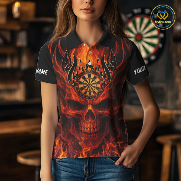 Orange Flaming Skull Women's Dart Jerseys Custom Dart Fire Lightning Darts Team Shirt Polo & 1/4 Zip TDM3856
