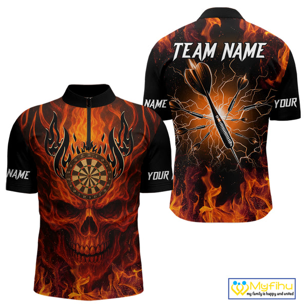 Orange Flaming Skull Men's Dart Jerseys Custom Dart Fire Lightning Darts Team Shirt Polo & 1/4 Zip TDM3856