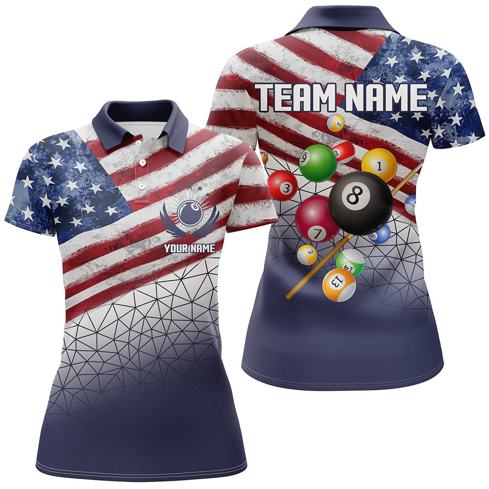 Customized US Flag 3D Billiard Balls Women Polo & Quarter-Zip Shirt, Patriotic Billiard Jersey Attire TDM1771