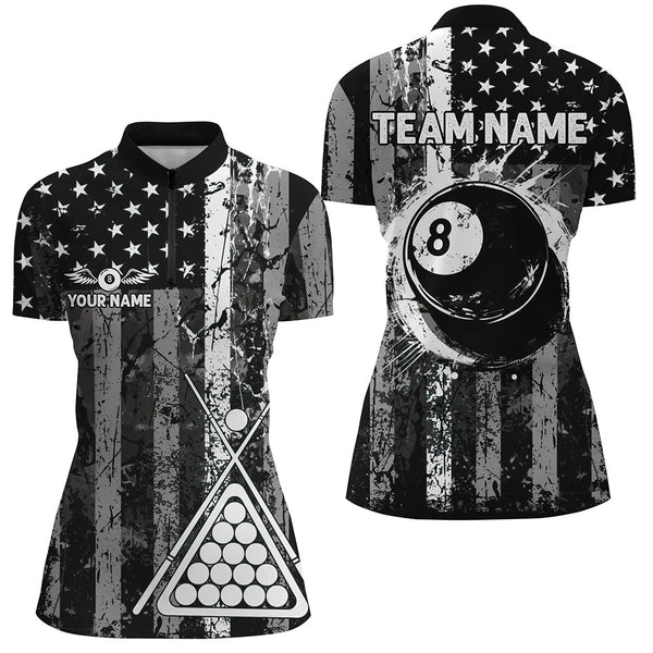 Custom Black Grunge US Flag Patriotic Billiard Shirt For Women Retro 8 Ball Pool Billiard Team Jersey TDM2935