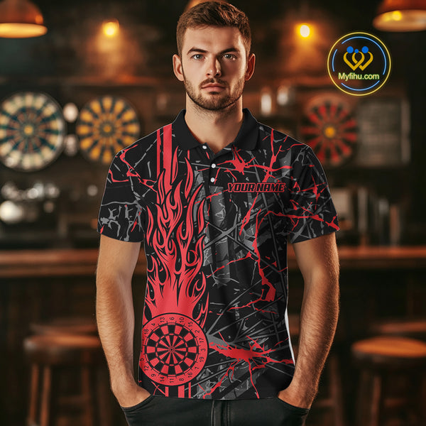 Red Grunge Dart Jerseys For Men, Fire Flame Dart Board Custom Name Dragon Darts League Shirts TDM3857
