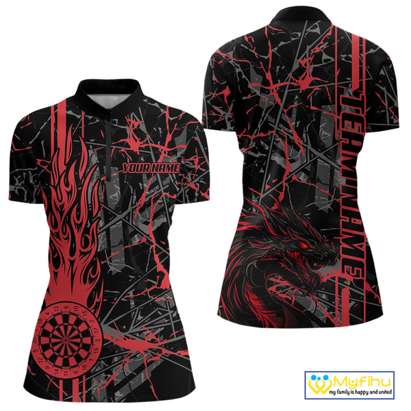 Red Grunge Dart Jerseys For Women, Fire Flame Dart Board Custom Name Dragon Darts League Shirts TDM3857