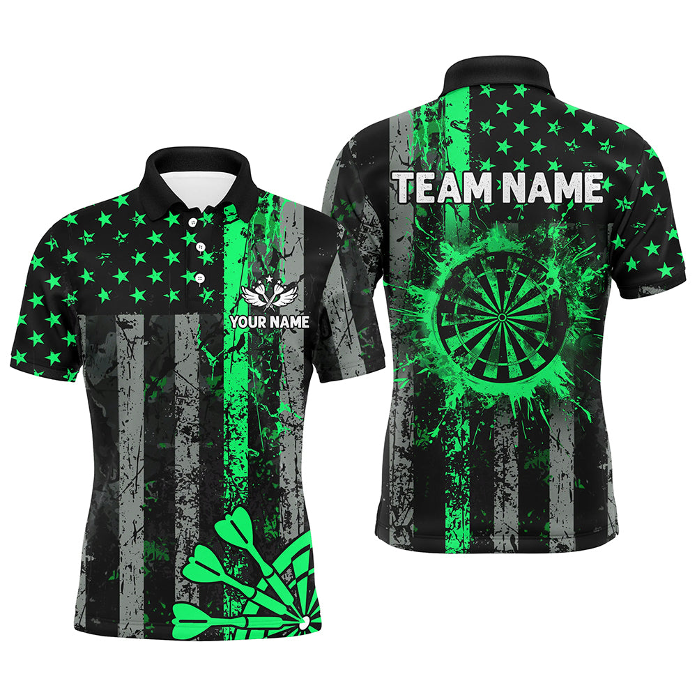 Custom Green Grunge US Flag Patriotic Darts Shirt For Men, Retro Darts Board Darts Team Jerseys TDM2182