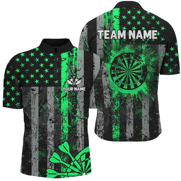 Custom Green Grunge US Flag Patriotic Darts Shirt For Men, Retro Darts Board Darts Team Jerseys TDM2182