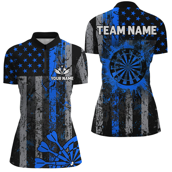 Custom Blue Grunge US Flag Patriotic Darts Shirt For Women, Retro Darts Board Darts Team Jerseys TDM2184