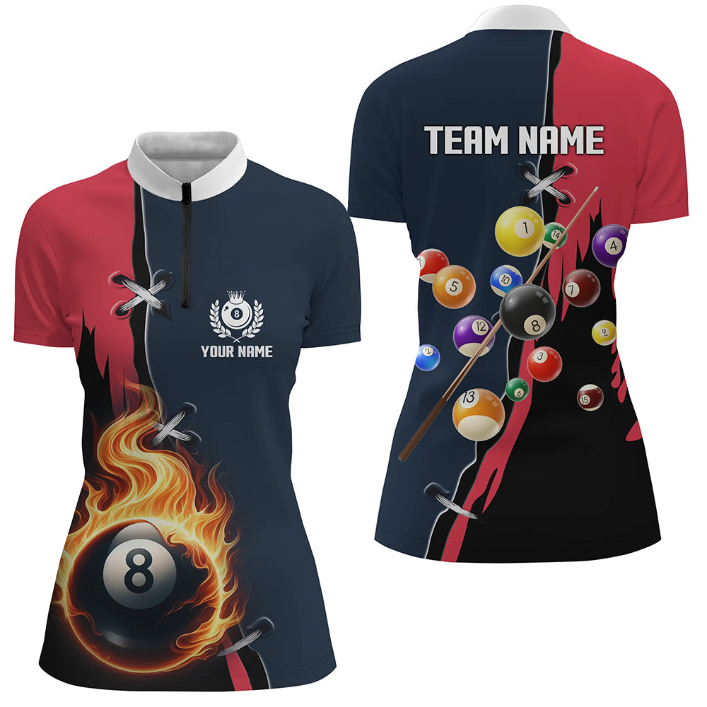 Customized Red Navy 8 Ball Pool Jerseys Women Quarter-Zip Shirt Unique Billiard Balls Shirts TDM1080