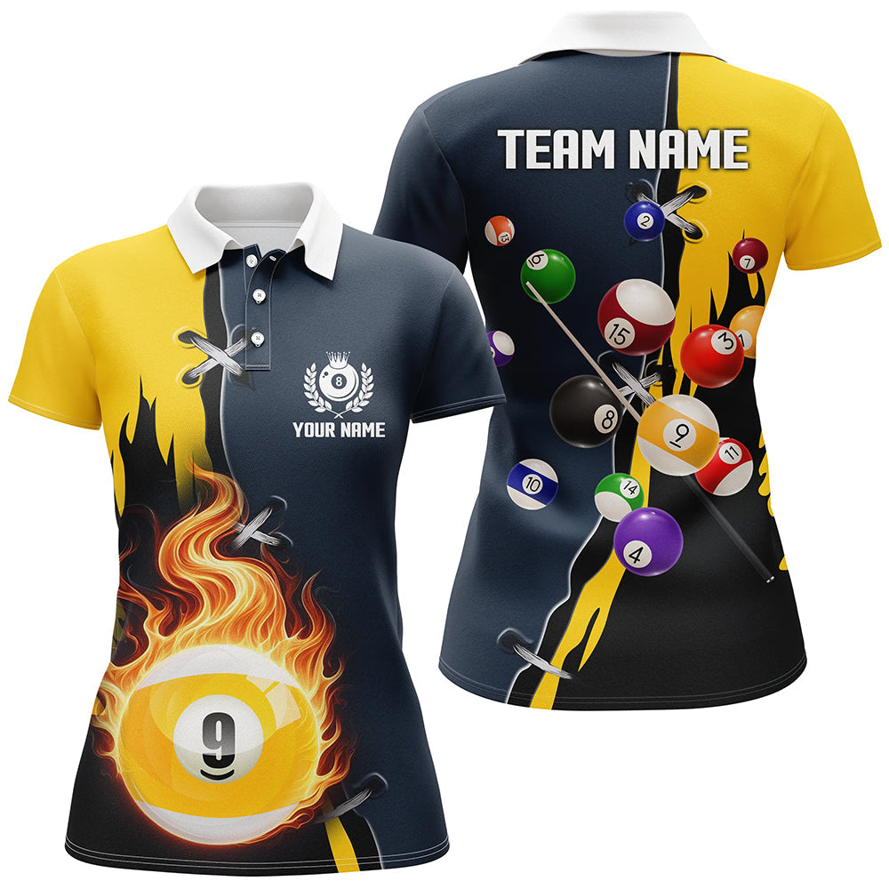 Personalized Yellow Navy 9 Ball Pool Jerseys Women Polo Shirts Custom Unique Billiard Balls Shirts TDM1081