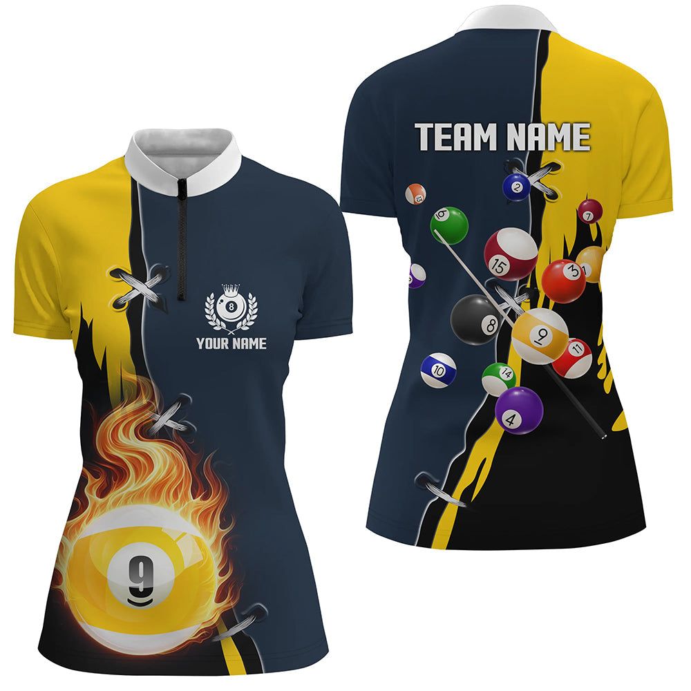Custom Yellow Navy 9 Ball Pool Jerseys Women Quarter-Zip Shirts Unique Billiard Balls Shirts TDM1081