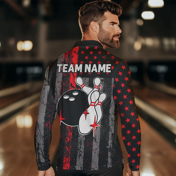 Red And Black Grunge American Flag Patriotic Bowling Shirts For Men Custom Bowling Team Jerseys TDM3696