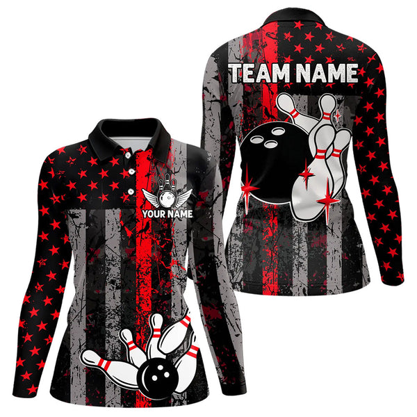 Red And Black Grunge American Flag Patriotic Bowling Shirts For Women Custom Bowling Team Jerseys TDM3696