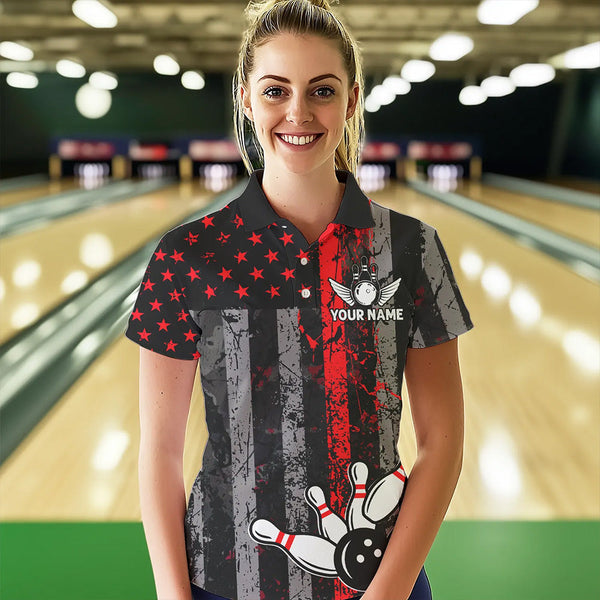 Red And Black Grunge American Flag Patriotic Bowling Shirts For Women Custom Bowling Team Jerseys TDM3696
