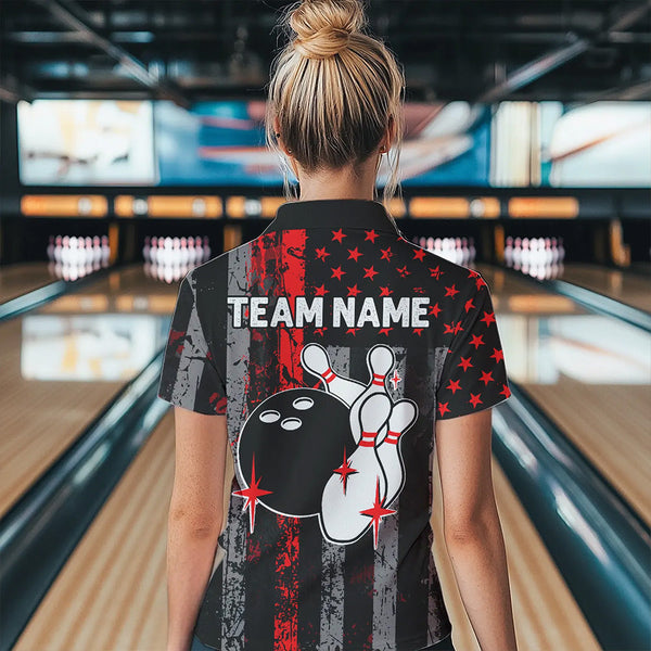 Red And Black Grunge American Flag Patriotic Bowling Shirts For Women Custom Bowling Team Jerseys TDM3696