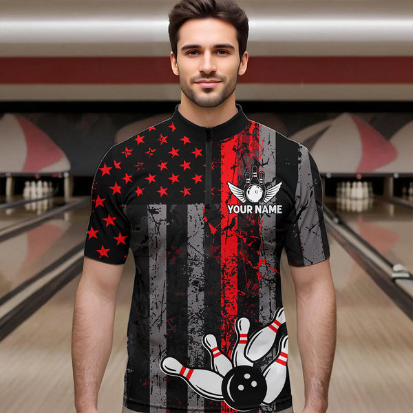 Red And Black Grunge American Flag Patriotic Bowling Shirts For Men Custom Bowling Team Jerseys TDM3696