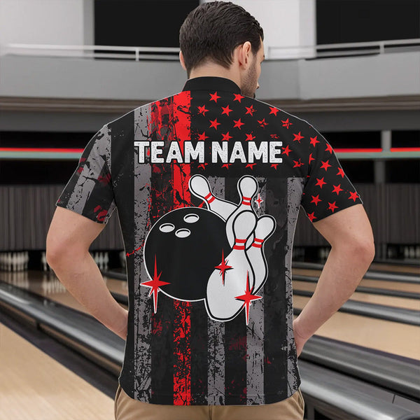 Red And Black Grunge American Flag Patriotic Bowling Shirts For Men Custom Bowling Team Jerseys TDM3696