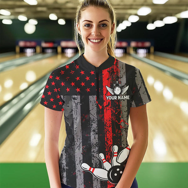 Red And Black Grunge American Flag Patriotic Bowling Shirts For Women Custom Bowling Team Jerseys TDM3696