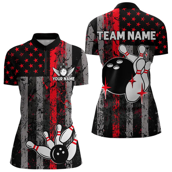 Red And Black Grunge American Flag Patriotic Bowling Shirts For Women Custom Bowling Team Jerseys TDM3696