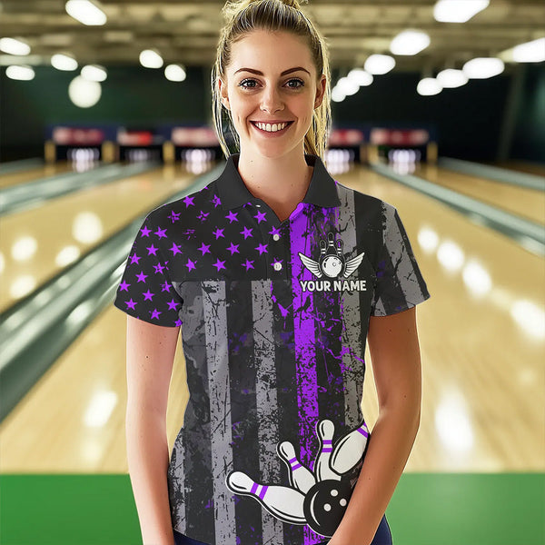 Purple And Black Grunge American Flag Patriotic Bowling Shirts For Women Custom Bowling Team Jerseys TDM3697