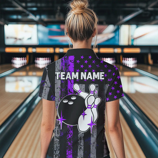 Purple And Black Grunge American Flag Patriotic Bowling Shirts For Women Custom Bowling Team Jerseys TDM3697