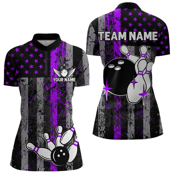 Purple And Black Grunge American Flag Patriotic Bowling Shirts For Women Custom Bowling Team Jerseys TDM3697