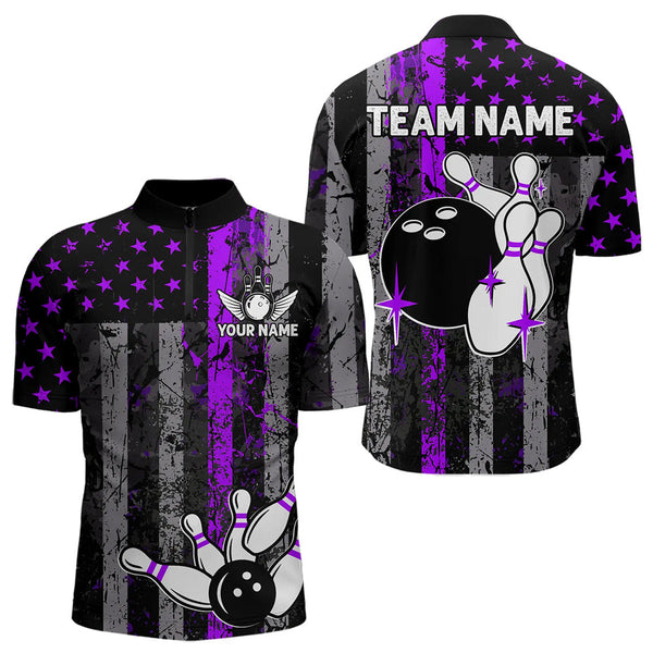 Purple And Black Grunge American Flag Patriotic Bowling Shirts For Men Custom Bowling Team Jerseys TDM3697