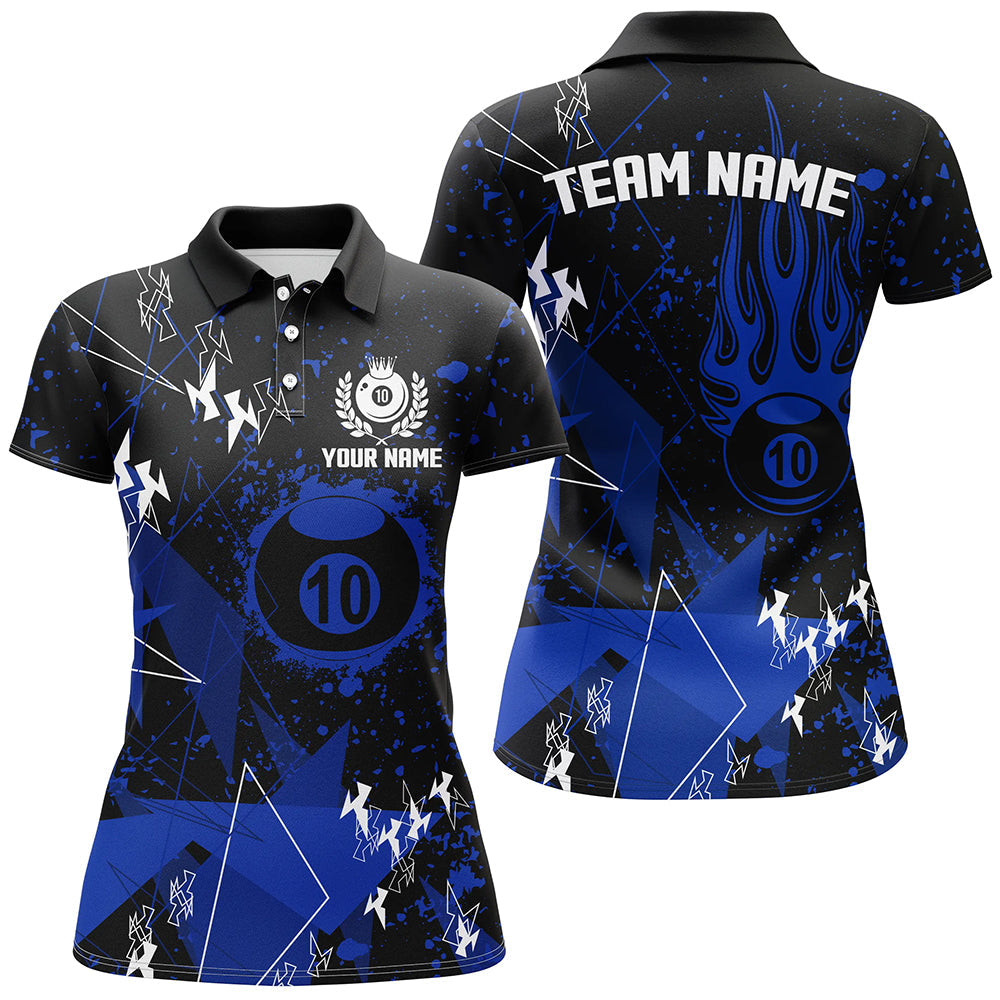 Personalized Blue Grunge 10 Ball Billiard Women Polo Shirts, Custom Billiard Jersey For Pool Player TDM1410