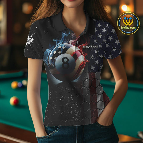 Custom Billiard Jersey For Women, 8 Ball Pool Shirt With American Flag, Billiard Polo & 1/4 Zip Shirt TDM3867