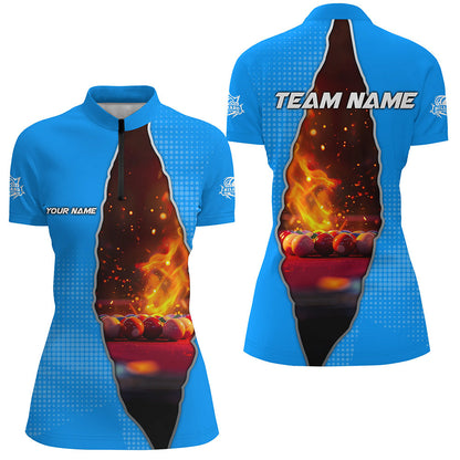 Custom Blue Billiard Balls Fire 3D Printed Women Polo & Quarter-Zip Shirts, Billiard Apparel Clothing TDM1776