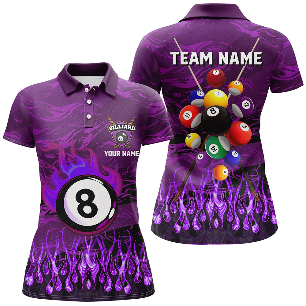 Personalized Fire Flame 3D Billiard Balls Women Polo Shirts Custom Purple Billiard Jersey Attire TDM1413