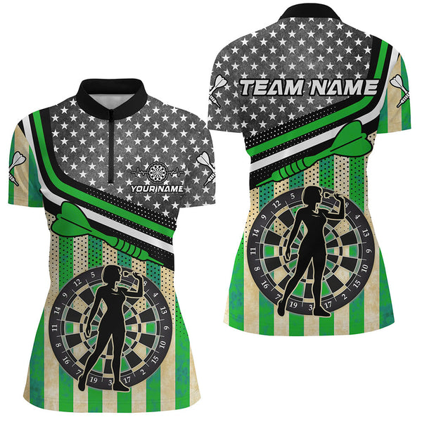 Personalized Green Retro American Flag Darts Shirts For Women Custom Patriotic Darts Player Jerseys TDM1993