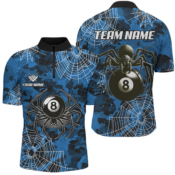 Blue Camo Billiard Spider Cobweb Custom Men Polo & Quarter-Zip Shirts, Unique 8 Ball Pool Jerseys TDM2459