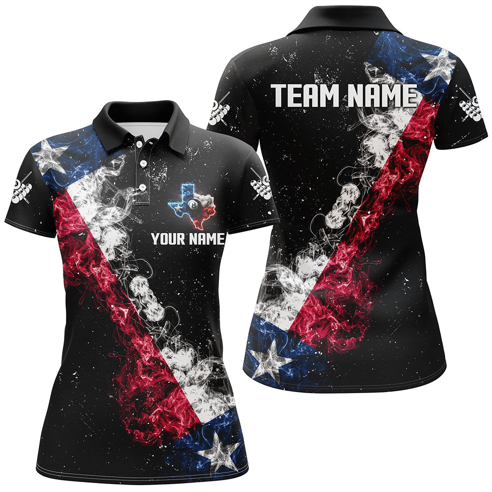 Personalized Black Grunge Texas Flag Smoke Billiard Shirt For Women, Patriotic Texas Billiard Jersey TDM3193