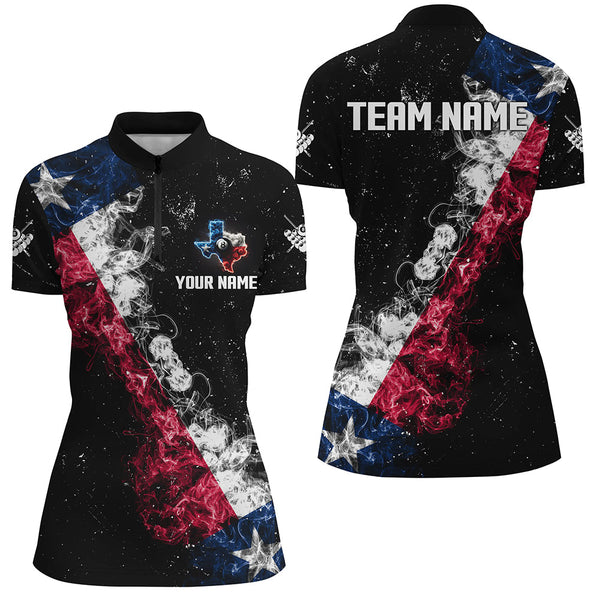 Personalized Black Grunge Texas Flag Smoke Billiard Shirt For Women, Patriotic Texas Billiard Jersey TDM3193