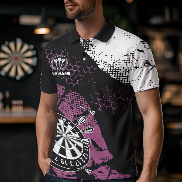 Pink Black Grunge Darts Polo, 1/4 Zip Custom Dart Shirt For Men Darts Jerseys TDM3541