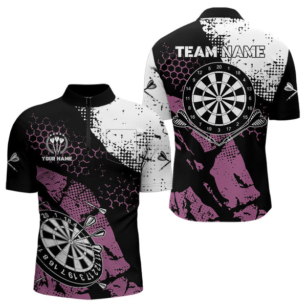 Pink Black Grunge Darts Polo, 1/4 Zip Custom Dart Shirt For Men Darts Jerseys TDM3541