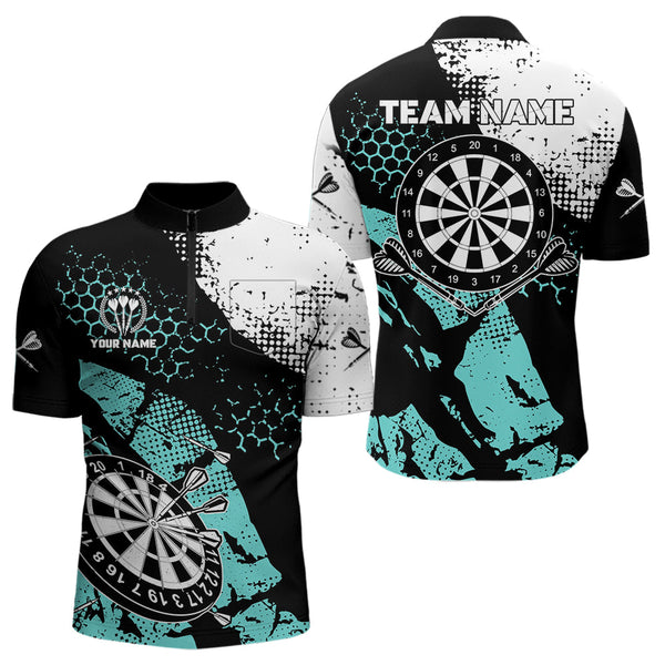 Turquoise Grunge Darts Polo, 1/4 Zip Custom Dart Shirt For Men Darts Jerseys TDM3542