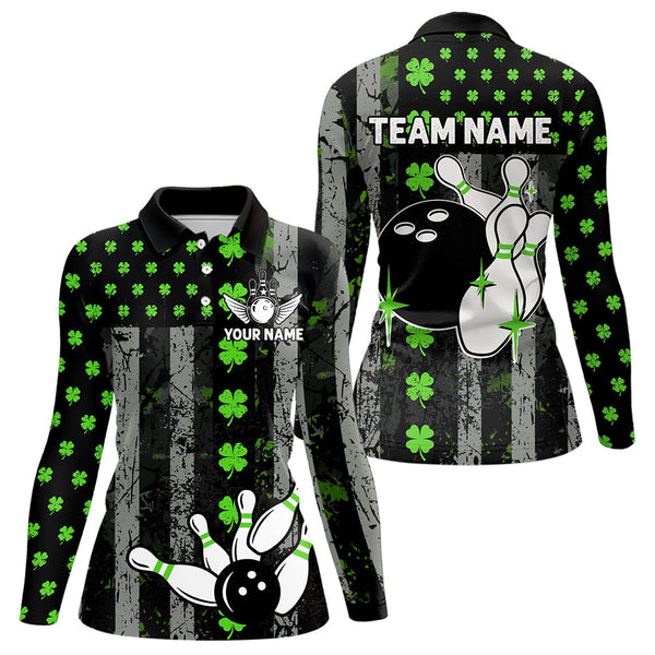 Green Shamrock Grunge US Flag Patriotic Bowling Shirts For Women Custom St Patrick Day Bowling Jersey TDM3545