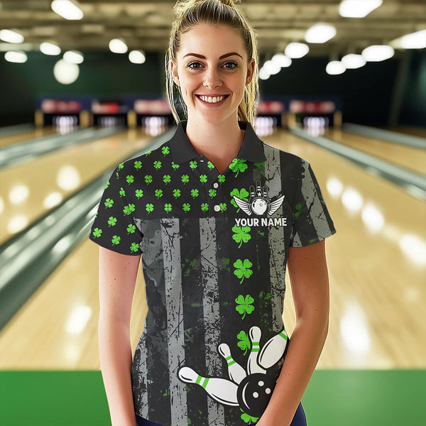 Green Shamrock Grunge US Flag Patriotic Bowling Shirts For Women Custom St Patrick Day Bowling Jersey TDM3545