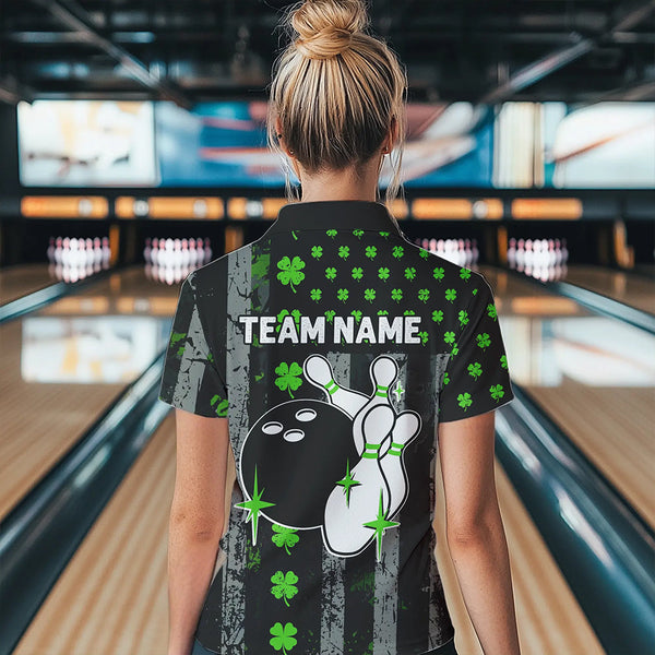 Green Shamrock Grunge US Flag Patriotic Bowling Shirts For Women Custom St Patrick Day Bowling Jersey TDM3545